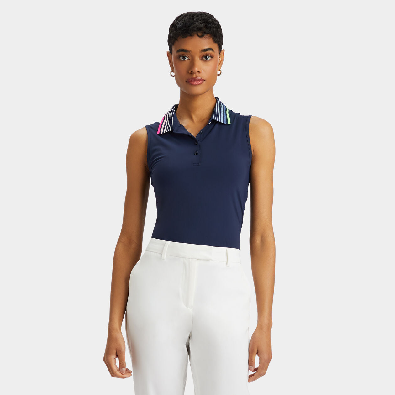 PLEATED RIB CONTRAST COLLAR SILKY TECH NYLON SLEEVELESS POLO - G4LF23K860B- Gfore