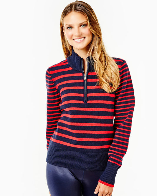 Fitler Active Zip Sweater - Navy/Poppy Stripe - Addison Bay- BHI