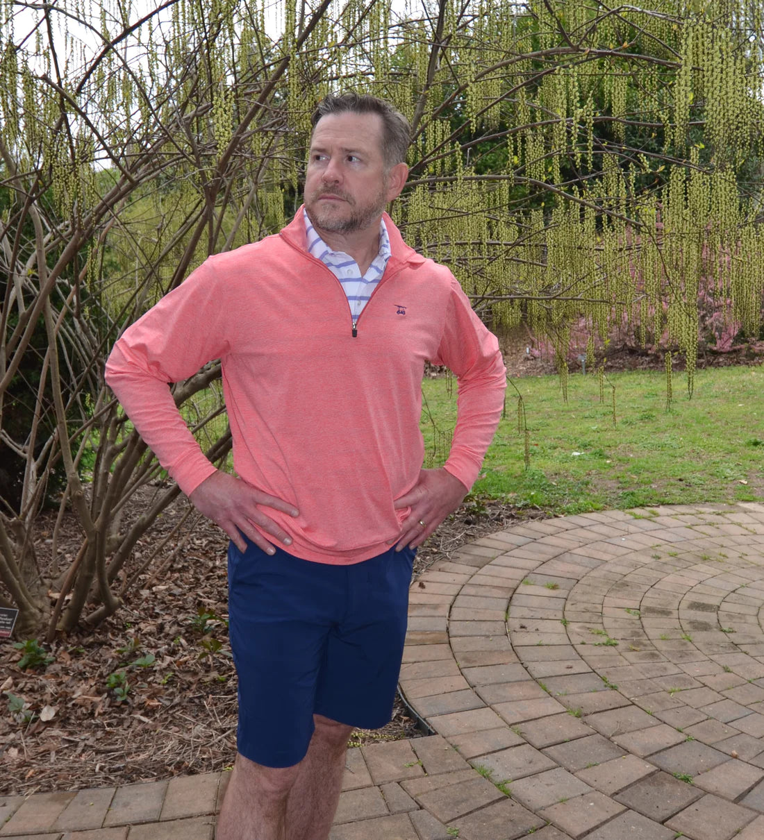 Ocean View Quarter Zip- Heather Coral-BALDHEAD BLUES
