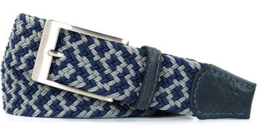 STRECH NAVY/GREY STRETCH WOVEN BELT - NICKEL BRUSHED HARDWARE - Brookes & Hyde