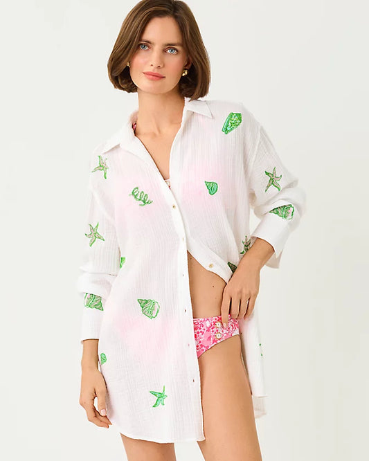 Lilly Pulitzer Kwitney Long Sleeve Cover-Up Resort White Ship To Shore Embroidery
