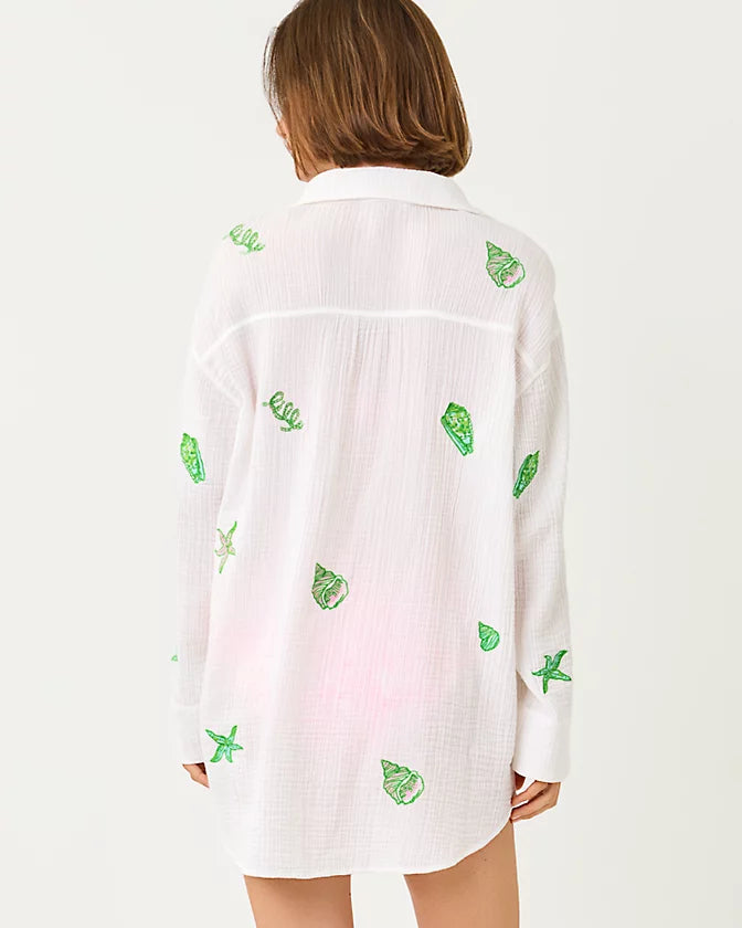 Lilly Pulitzer Kwitney Long Sleeve Cover-Up Resort White Ship To Shore Embroidery