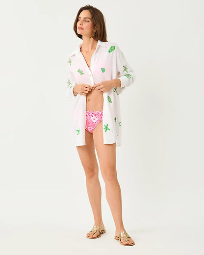Lilly Pulitzer Kwitney Long Sleeve Cover-Up Resort White Ship To Shore Embroidery