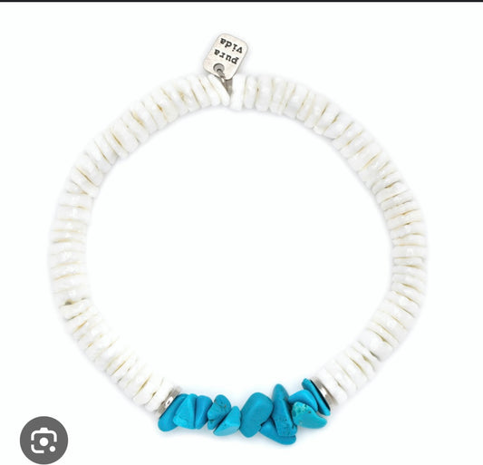 Pura Vida Puka Shell Turquoise Chip Stretch Bracelet - BHI