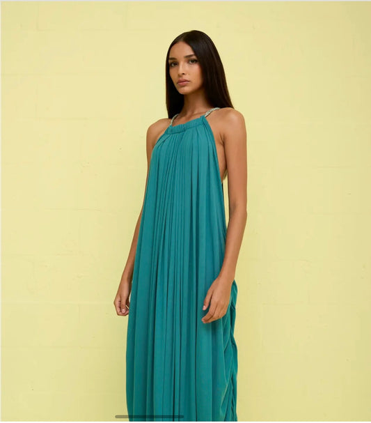 Pitusa Goddess Draped Maxi Halter Dress - Teal - BHI