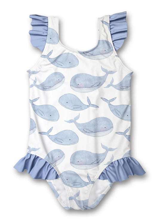 Millie Loves Lily White & Periwinkle Whale Ruffle Accent Girl’s Swimsuit - BHI