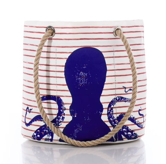 Sea bag Blue Octopus on Red Mariner Stripe Essential Handbag-BHI