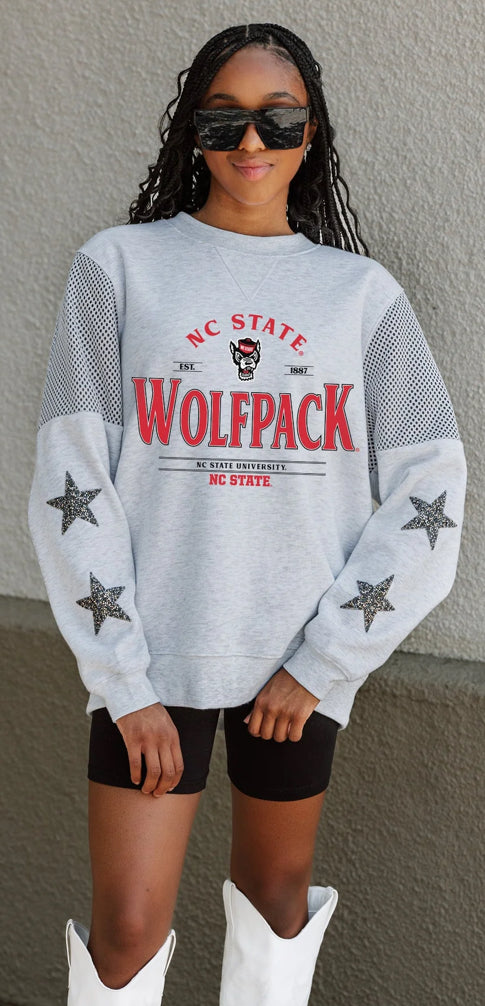 North Carolina State Wolfpack Sweet Moves Crewneck Fleece With Jersey Mesh Contrasting Shoulder Insert - Gameday Couture