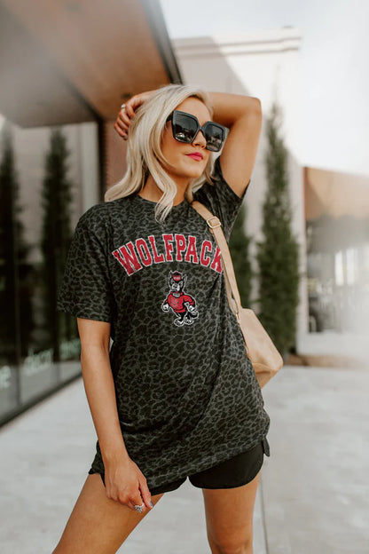 North Carolina State Wolfpack "All the cheer Leopard Standard Fit Cre Neck Tee - Gameday Couture