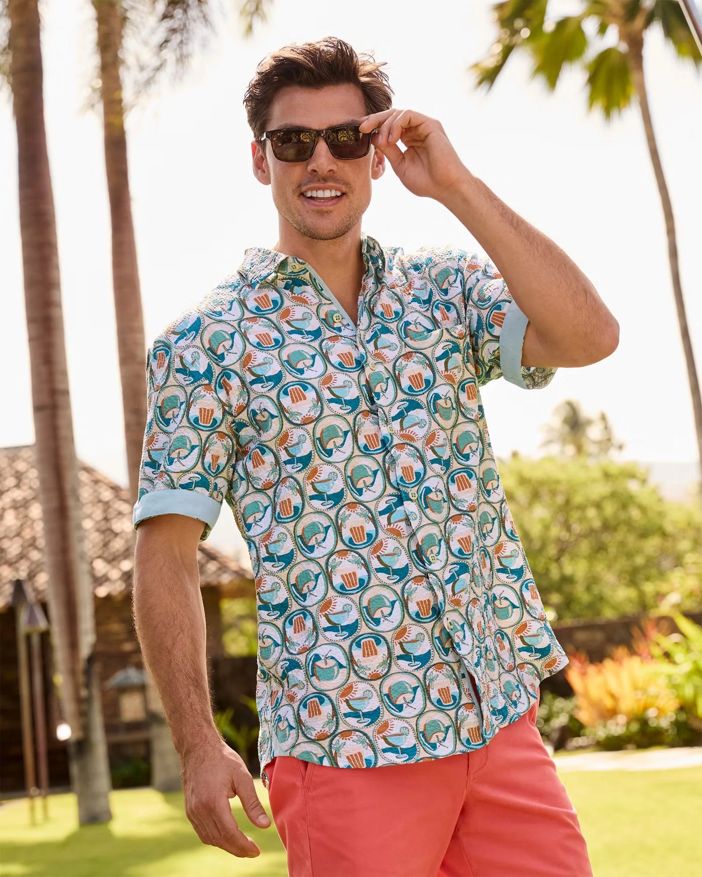 Tommy Bahama Men's Nova Wave Glass Half Full Camp Shirt - White Peach