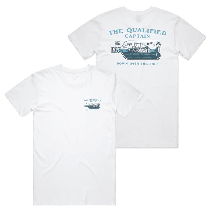 Qualified Captain Mayday in a Bottle Tee | White