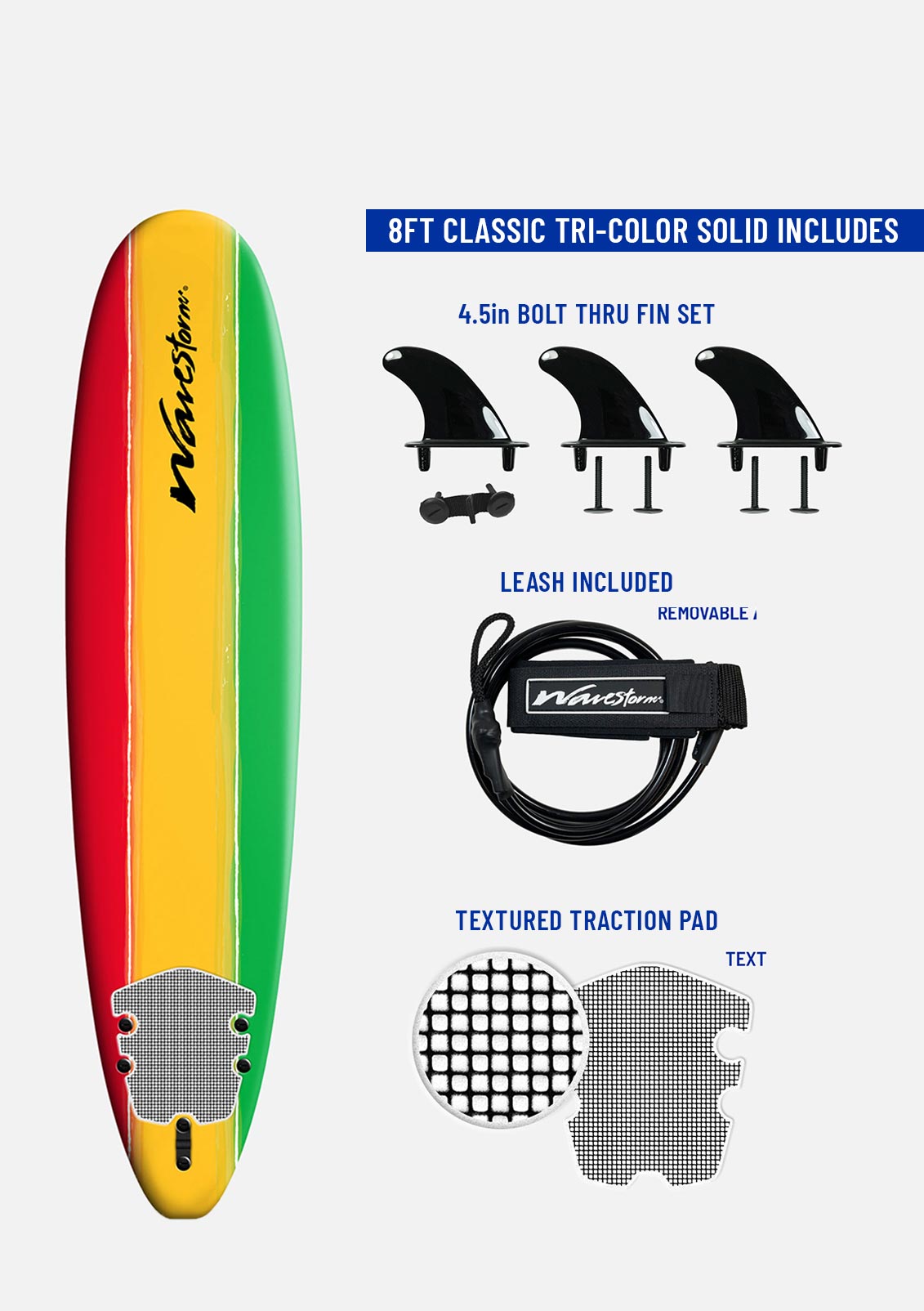 Wavestorm  8ft Surfboard | Tri Color Solid