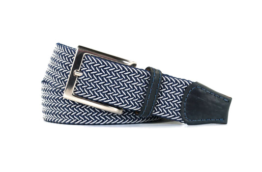 NAVY AND WHITE ELASTIC STRETCH WOVEN BELT - NICKEL BRUSHED HARDWARE - Brookes & Hyde