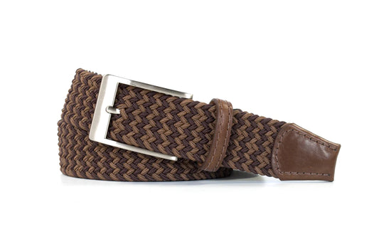 BROWN AND TAN ELASTIC STRETCH WOVEN BELT - NICKEL BRUSHED HARDWARE - Brookes & Hyde